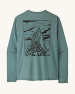 Patagonia men's capilene cool daily long sleeve t-shirt in sage blue with black mountain graphic on upper back