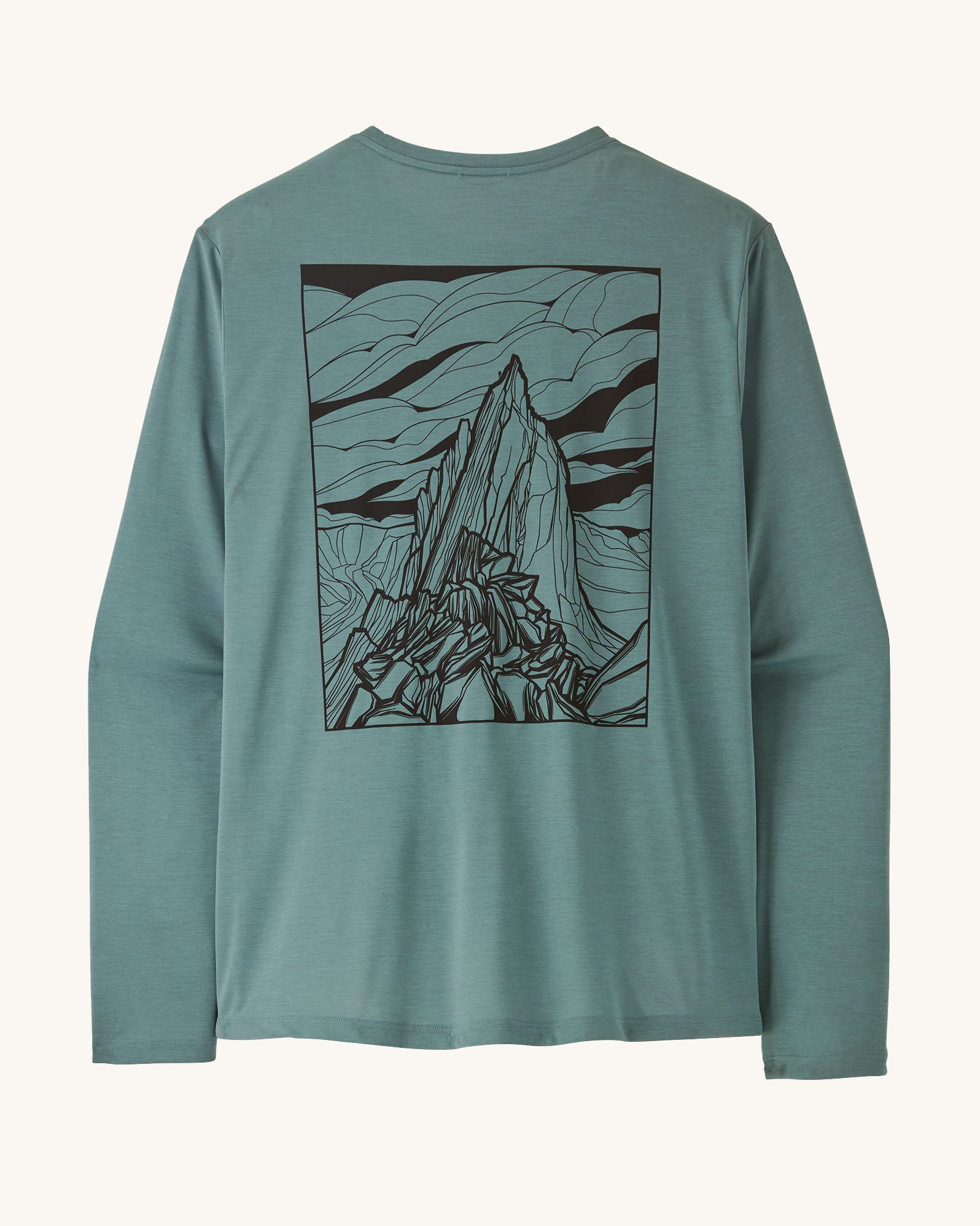 Patagonia men's capilene cool daily long sleeve t-shirt in sage blue with black mountain graphic on upper back