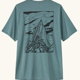 Patagonia men's capilene cool daily short sleeve t-shirt in sage blue with large mountain outline graphic on upper back