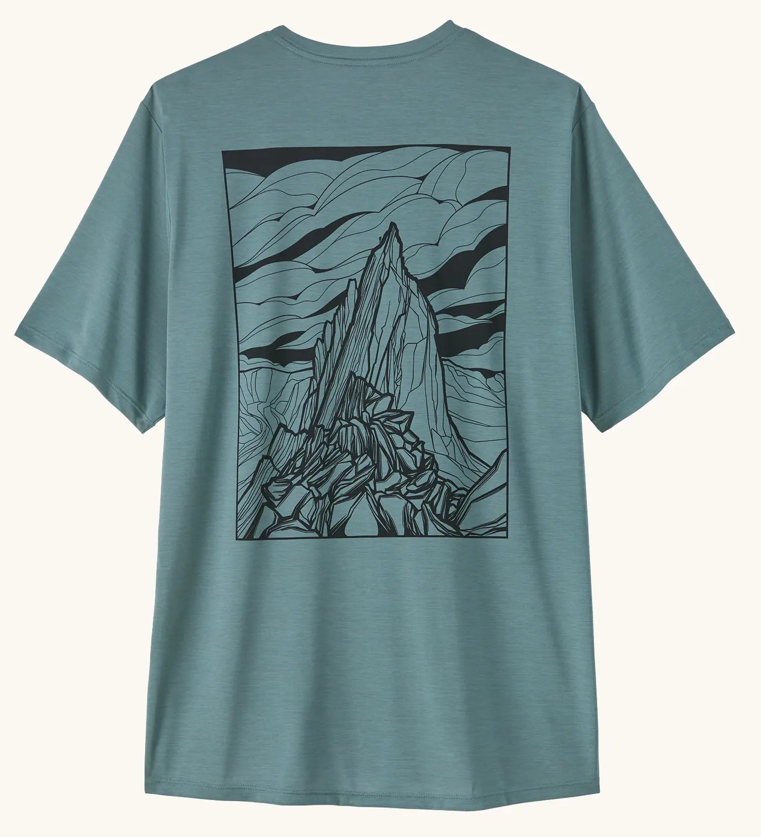 Patagonia men's capilene cool daily short sleeve t-shirt in sage blue with large mountain outline graphic on upper back