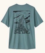 Patagonia men's capilene cool daily short sleeve t-shirt in sage blue with large mountain outline graphic on upper back