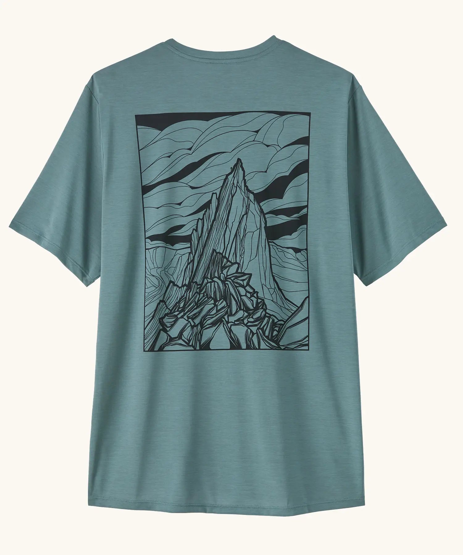 Patagonia men's capilene cool daily short sleeve t-shirt in sage blue with large mountain outline graphic on upper back