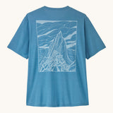 Patagonia men's capilene cool daily short sleeve t-shirt in light blue with large mountain outline graphic on upper back