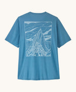 Patagonia men's capilene cool daily short sleeve t-shirt in light blue with large mountain outline graphic on upper back