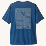 Patagonia men's capilene cool daily short sleeve t-shirt in blue with large white mountain brand logo on back