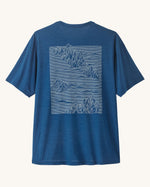 Patagonia men's capilene cool daily short sleeve t-shirt in blue with large white mountain brand logo on back