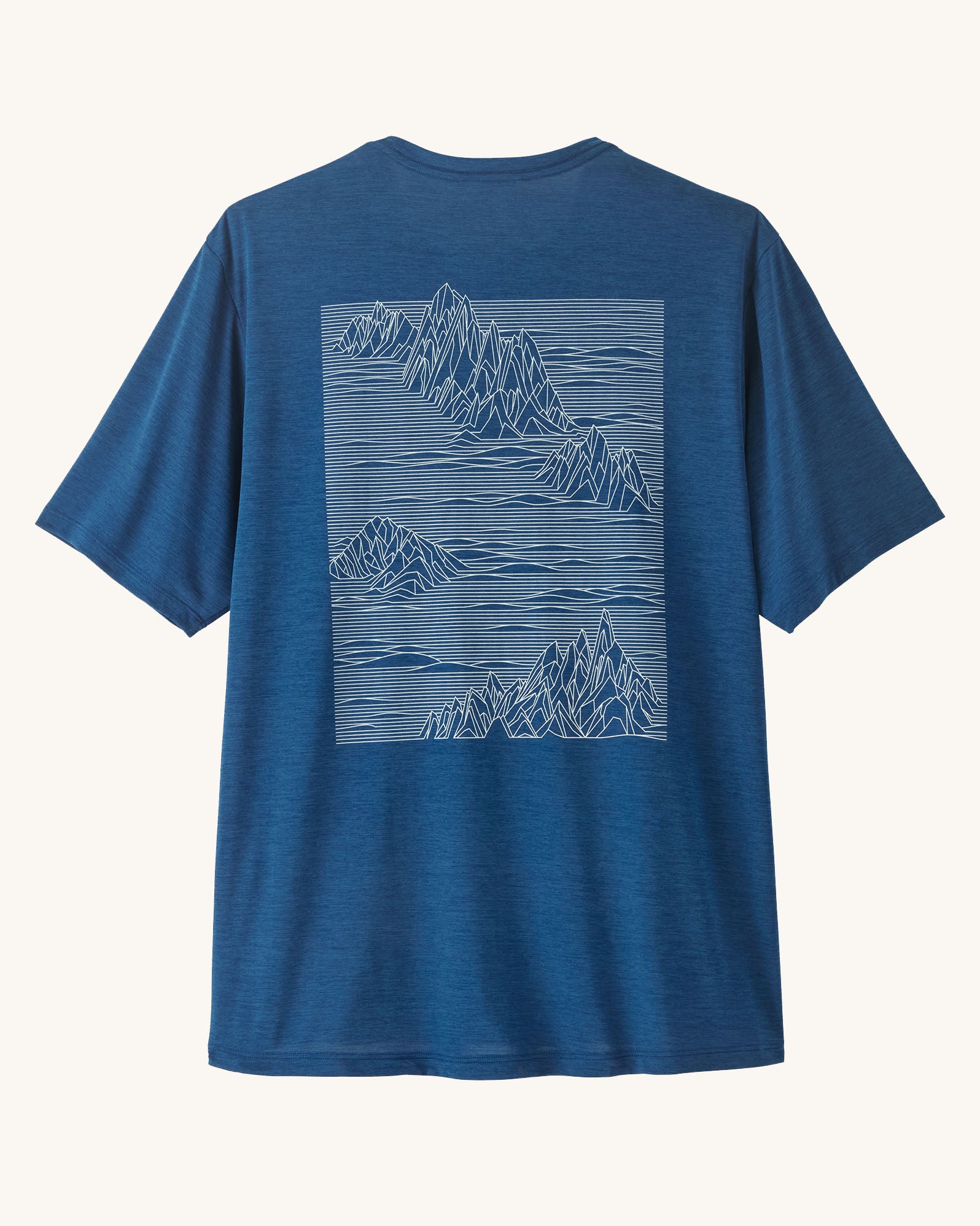 Patagonia men's capilene cool daily short sleeve t-shirt in blue with large white mountain brand logo on back