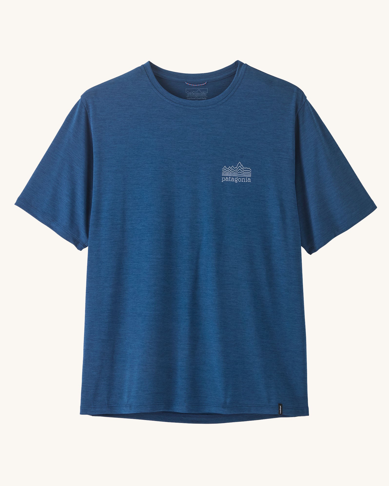 Patagonia men's capilene cool daily short sleeve t-shirt in blue with small white brand logo on chest
