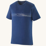Patagonia men's capilene cool merino blend short sleeve t-shirt in blue with mountain graphic along the upper front body