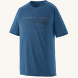 Patagonia men's capilene trail short sleeve t-shirt in blue with mountain outline graphic on upper body