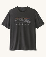 Patagonia men's capilene trail short sleeve t-shirt in black with mountain outline graphic on upper body