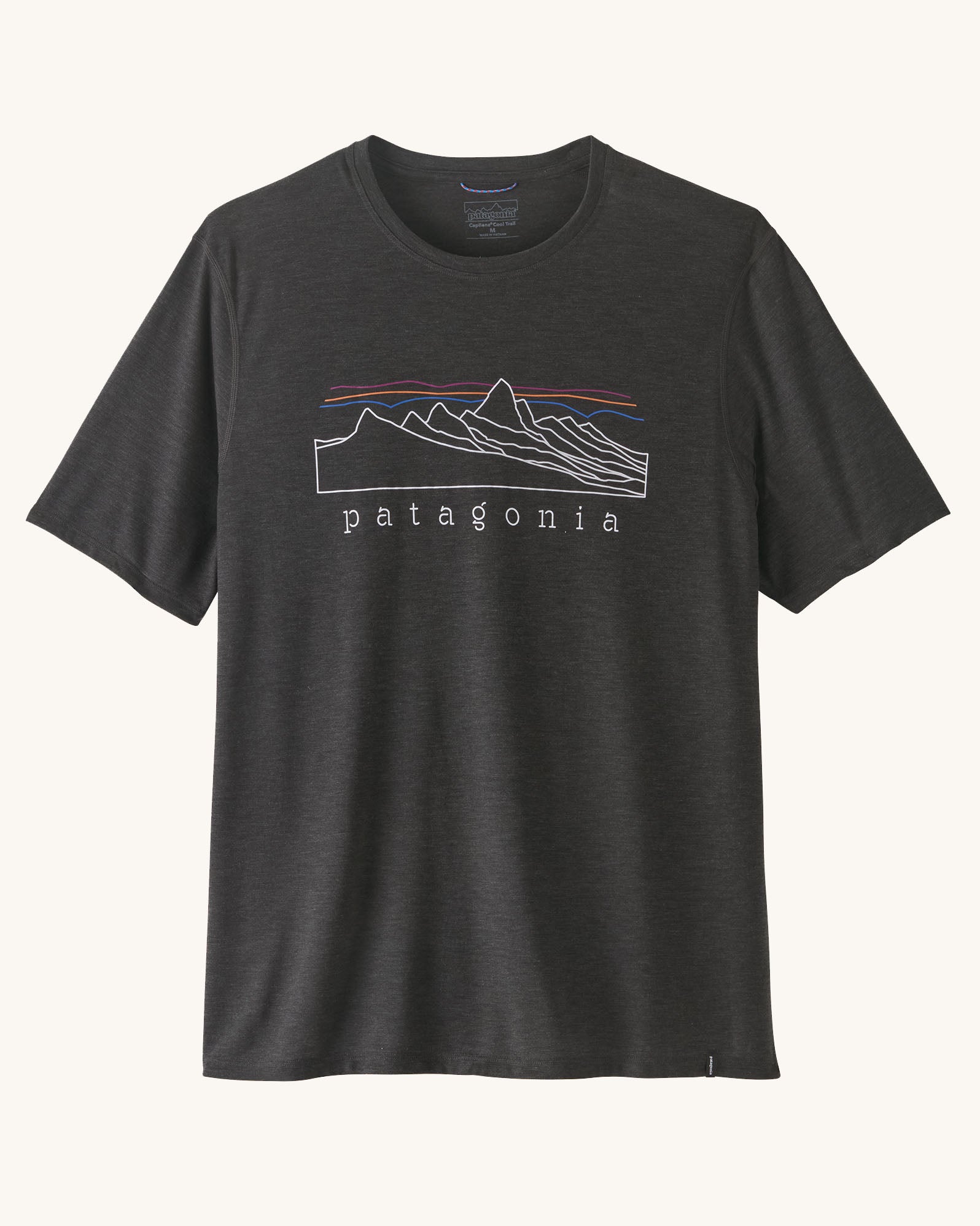 Patagonia men's capilene trail short sleeve t-shirt in black with mountain outline graphic on upper body
