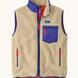 Patagonia mens classic retro x fleece vest available at Babipur. A dark beige coloured thick fleece with a royal blue trim. Features a full length zip, chest pocket and side pockets