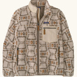 Patagonia Men’s Classic Retro-X Fleece Jacket in beige with repeating warm patterns. Features a full front zip, chest and side pockets
