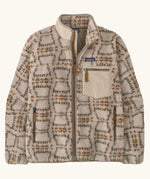 Patagonia Men’s Classic Retro-X Fleece Jacket in beige with repeating warm patterns. Features a full front zip, chest and side pockets