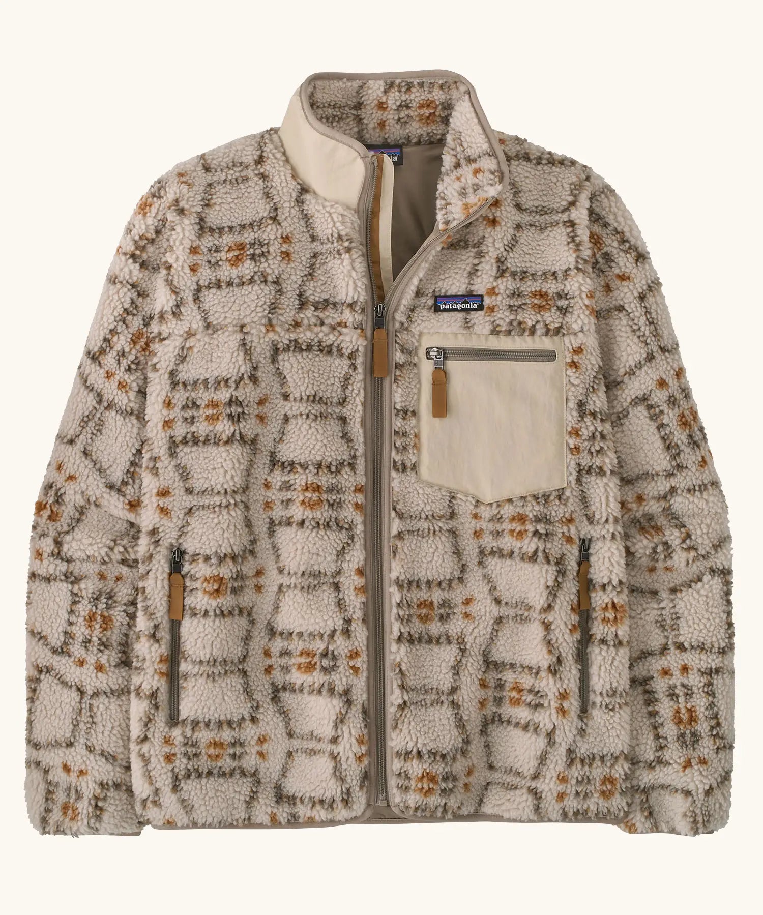 Patagonia Men’s Classic Retro-X Fleece Jacket in beige with repeating warm patterns. Features a full front zip, chest and side pockets