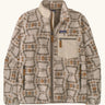 Patagonia Men’s Classic Retro-X Fleece Jacket in beige with repeating warm patterns. Features a full front zip, chest and side pockets