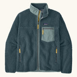 Patagonia Men’s Classic Retro-X Fleece Jacket in teal with a light blue trim. Features a full front zip, chest and side pockets
