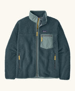 Patagonia Men’s Classic Retro-X Fleece Jacket in teal with a light blue trim. Features a full front zip, chest and side pockets
