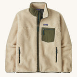 Patagonia men's thick fleece jacket in a cream colour. Features a full length front zip, side pockets and a dark green patch pocket.