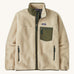 Patagonia men's thick fleece jacket in a cream colour. Features a full length front zip, side pockets and a dark green patch pocket.