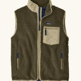 Patagonia men's classic retro x warm fleece vest in dark green with a contrast trim. Features a front zip, chest and side pockets
