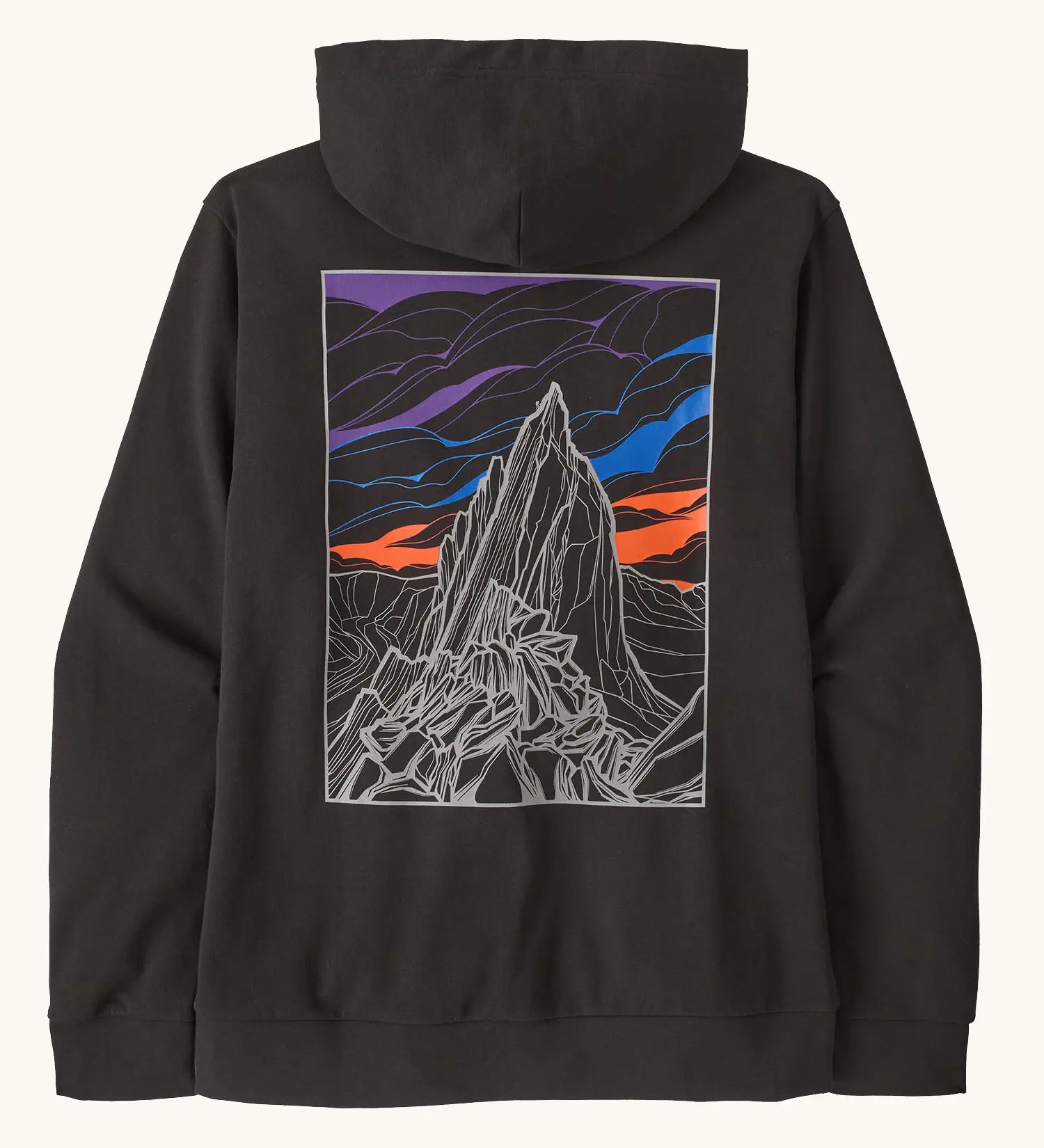 Patagonia mens cloud crag daily hoody in black showing a large minimalistic geometric style print of a mountain  ridge