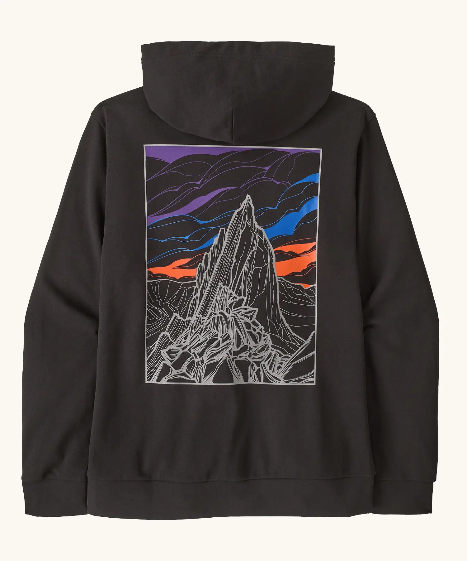Patagonia mens cloud crag daily hoody in black showing a large minimalistic geometric style print of a mountain  ridge