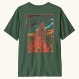 Patagonia men's cloud crag short sleeve t-shirt in canopy green with a large minimalistic geometric mountain ridge print on the back
