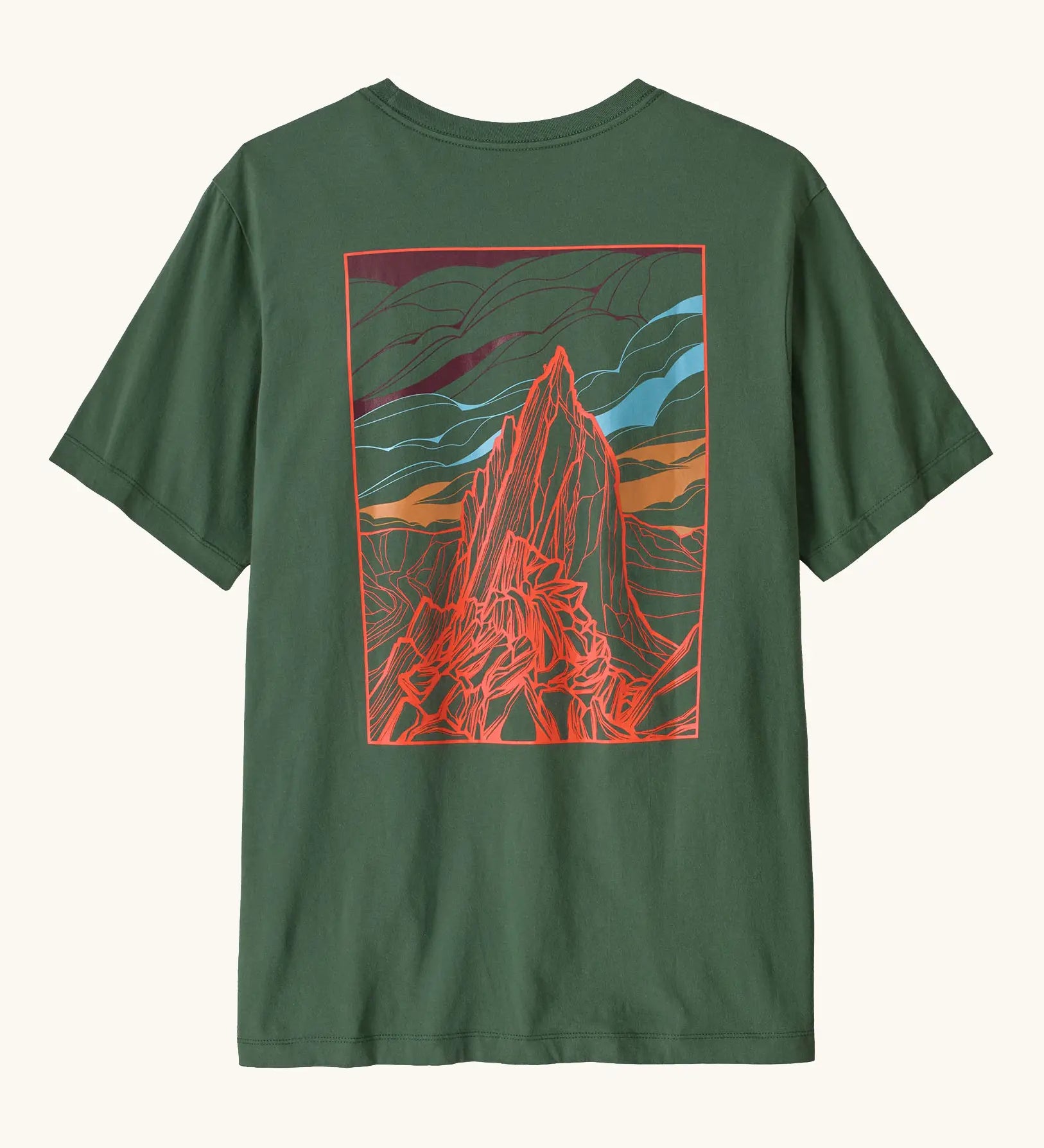 Patagonia men's cloud crag short sleeve t-shirt in canopy green with a large minimalistic geometric mountain ridge print on the back