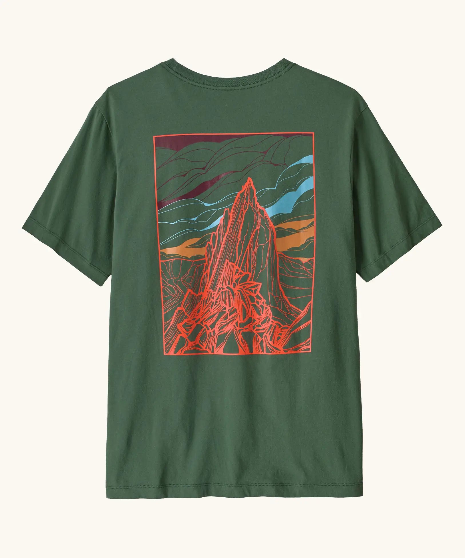 Patagonia men's cloud crag short sleeve t-shirt in canopy green with a large minimalistic geometric mountain ridge print on the back