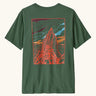 Patagonia men's cloud crag short sleeve t-shirt in canopy green with a large minimalistic geometric mountain ridge print on the back