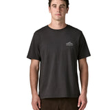 Man wearing Patagonia's  cloud crag short sleeve t-shirt in black showing a small mountain ridge graphic on the chest