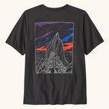 Patagonia men's cloud crag short sleeve t-shirt in black with a large minimalistic geometric mountain ridge print on the back