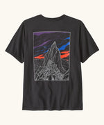 Patagonia men's cloud crag short sleeve t-shirt in black with a large minimalistic geometric mountain ridge print on the back