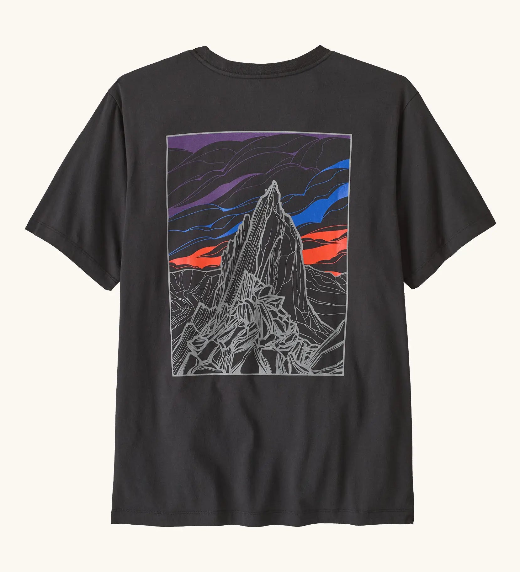 Patagonia men's cloud crag short sleeve t-shirt in black with a large minimalistic geometric mountain ridge print on the back