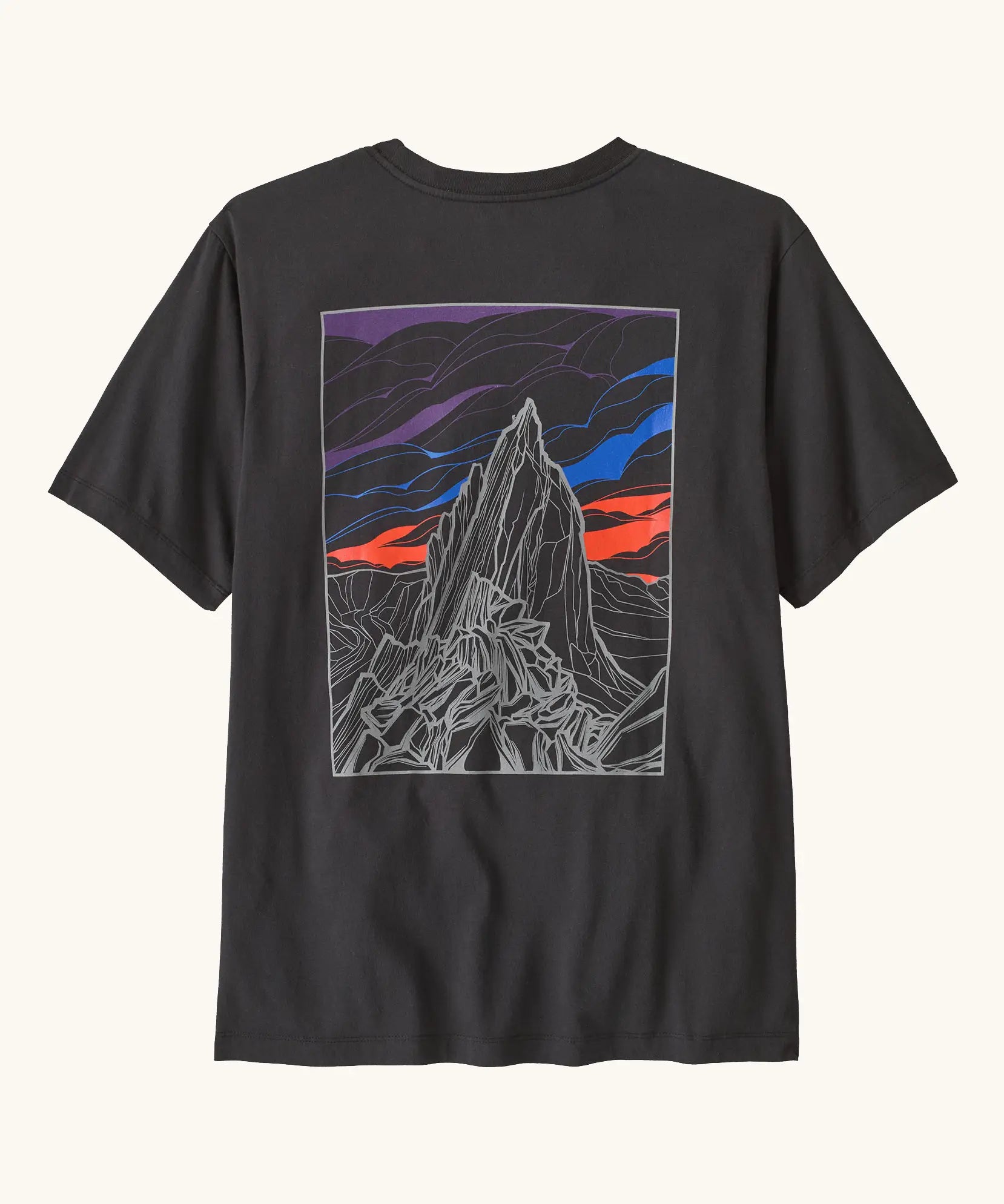 Patagonia men's cloud crag short sleeve t-shirt in black with a large minimalistic geometric mountain ridge print on the back