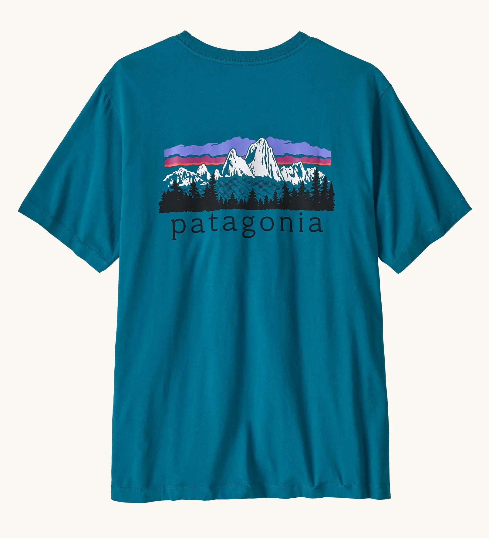 Patagonia men's fitz roy foothills short sleeve t-shirt in glacier blue showing a large mountain branded print on the upper back. 