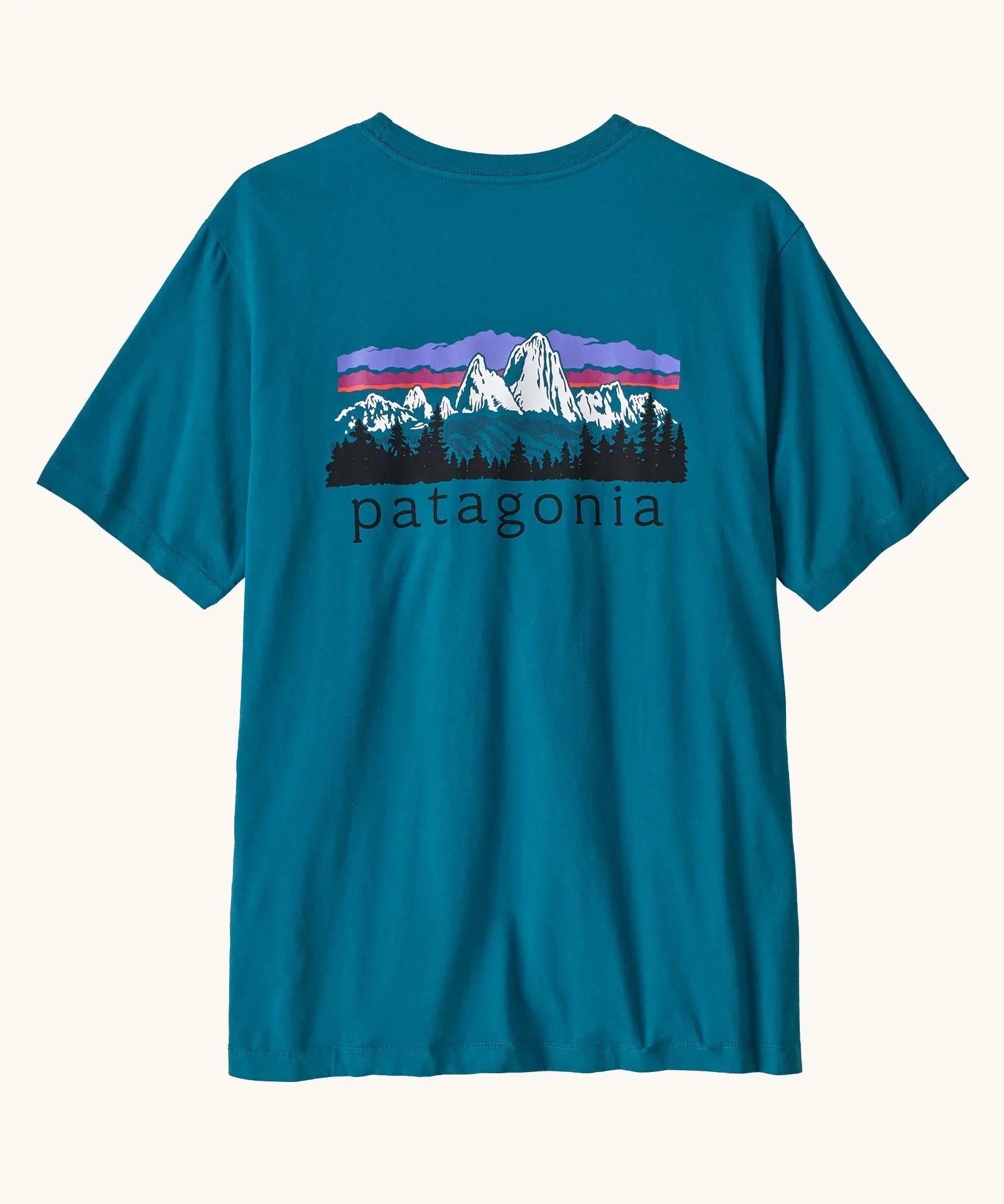Patagonia men's fitz roy foothills short sleeve t-shirt in glacier blue showing a large mountain branded print on the upper back. 