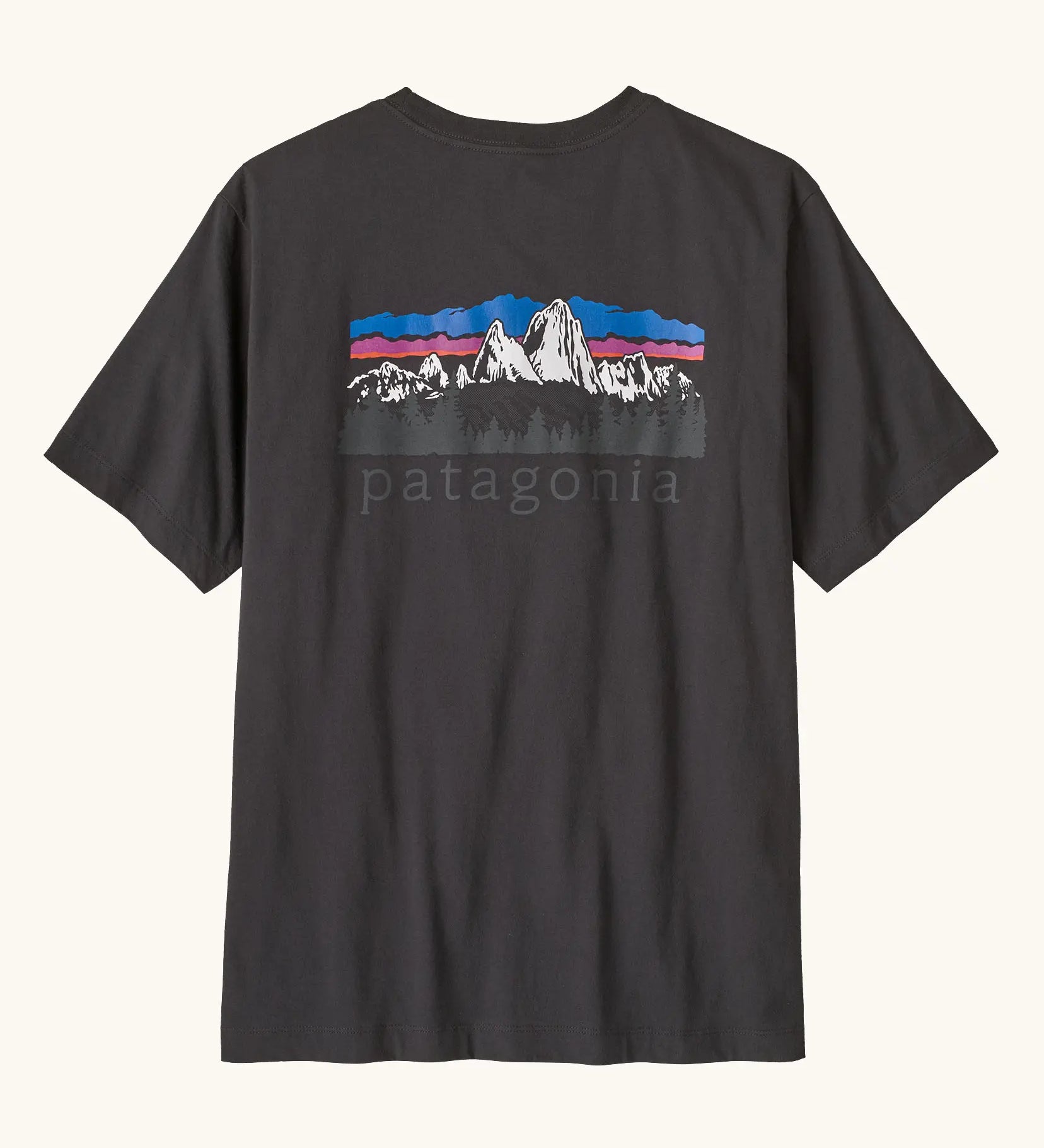 Patagonia men's fitz roy foothills short sleeve t-shirt in black  showing a large mountain branded print on the upper back. 