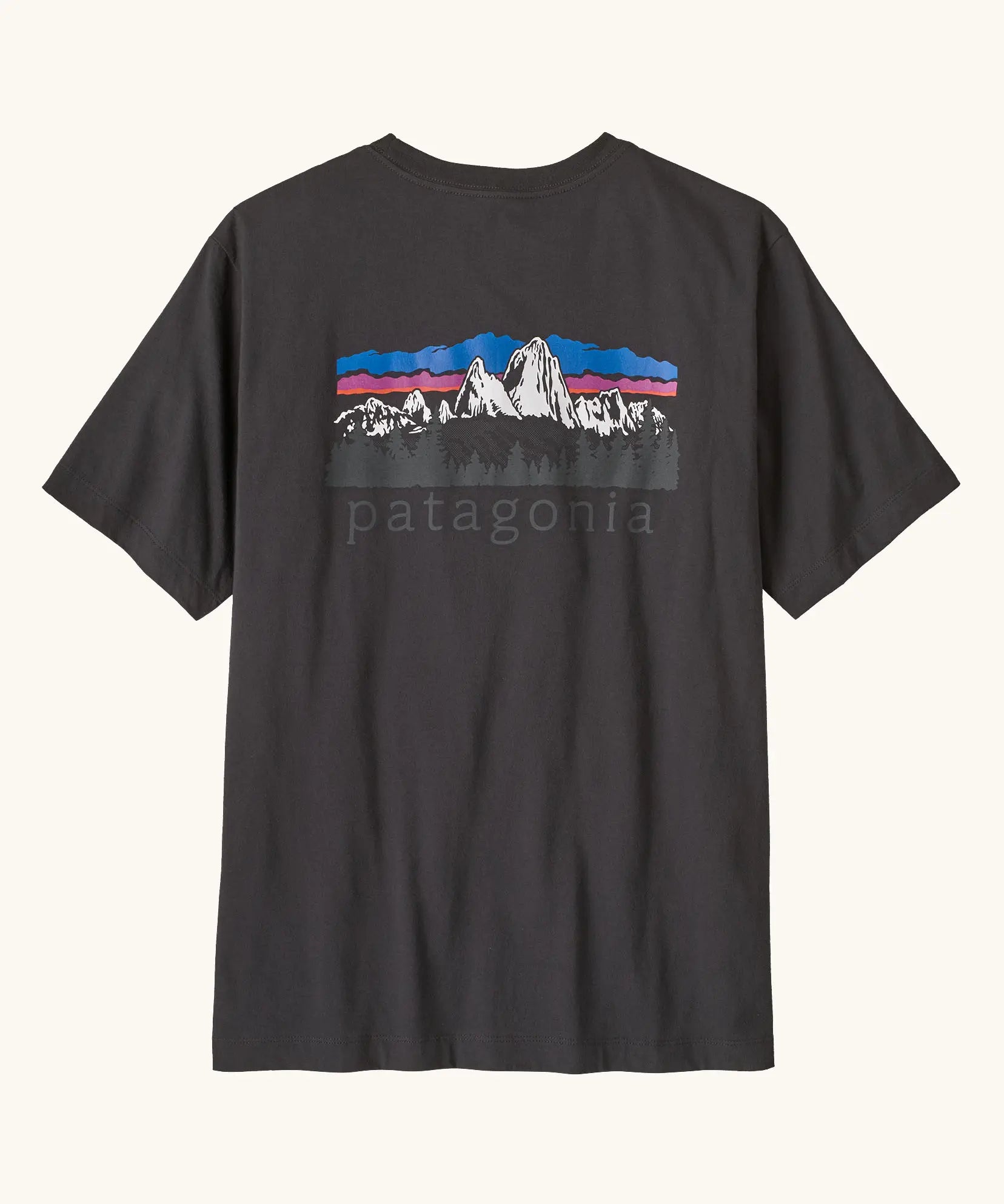 Patagonia men's fitz roy foothills short sleeve t-shirt in black  showing a large mountain branded print on the upper back. 