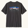 Patagonia men's fitz roy foothills short sleeve t-shirt in black  showing a large mountain branded print on the upper back. 