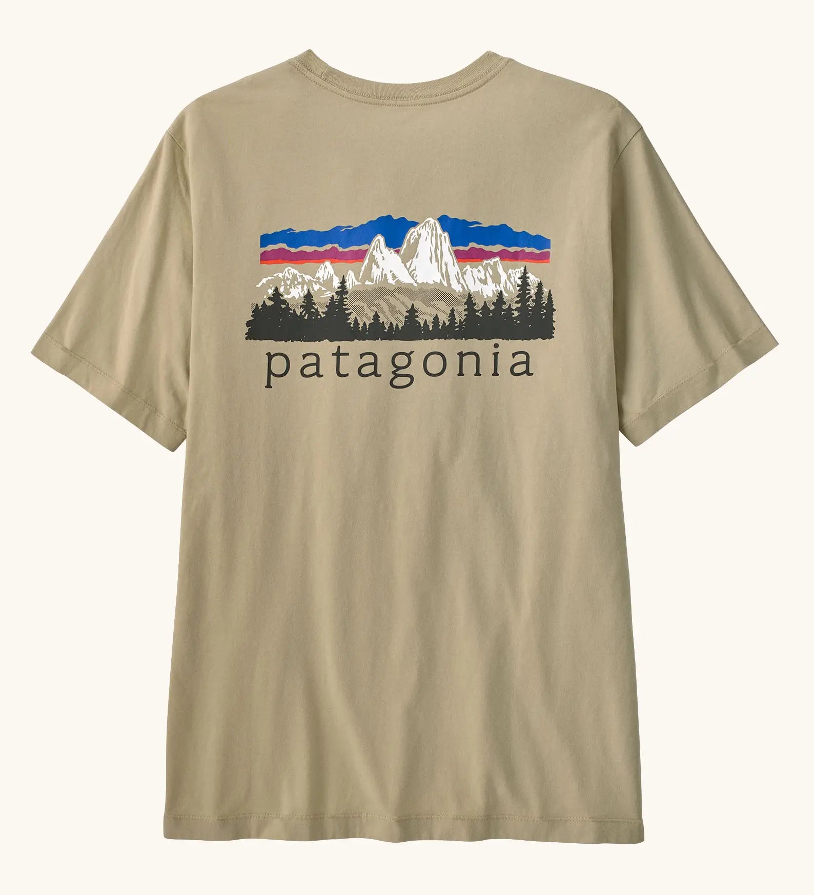 Patagonia men's fitz roy foothills short sleeve t-shirt in beige showing a large mountain branded print on the upper back. 