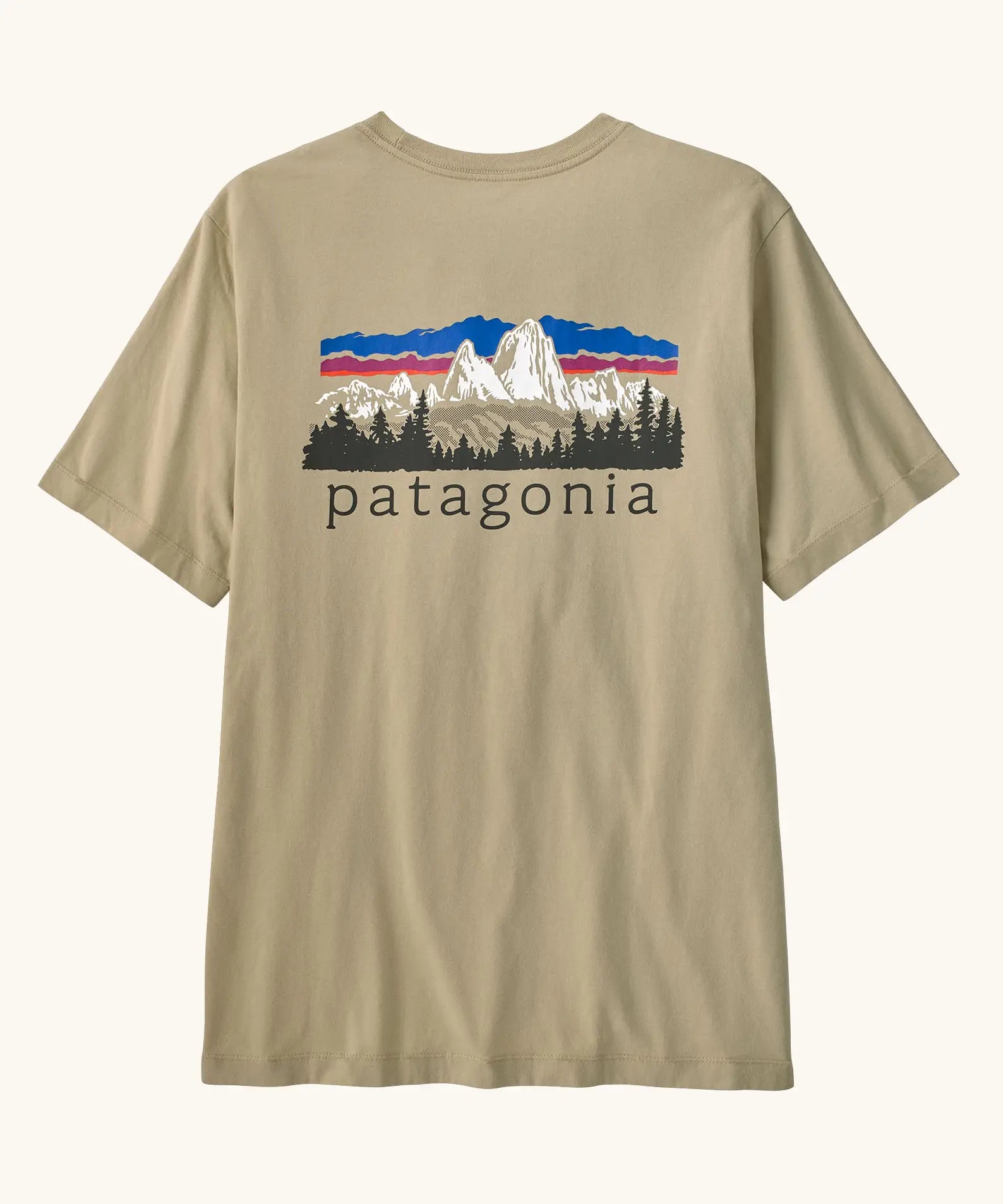Patagonia men's fitz roy foothills short sleeve t-shirt in beige showing a large mountain branded print on the upper back. 