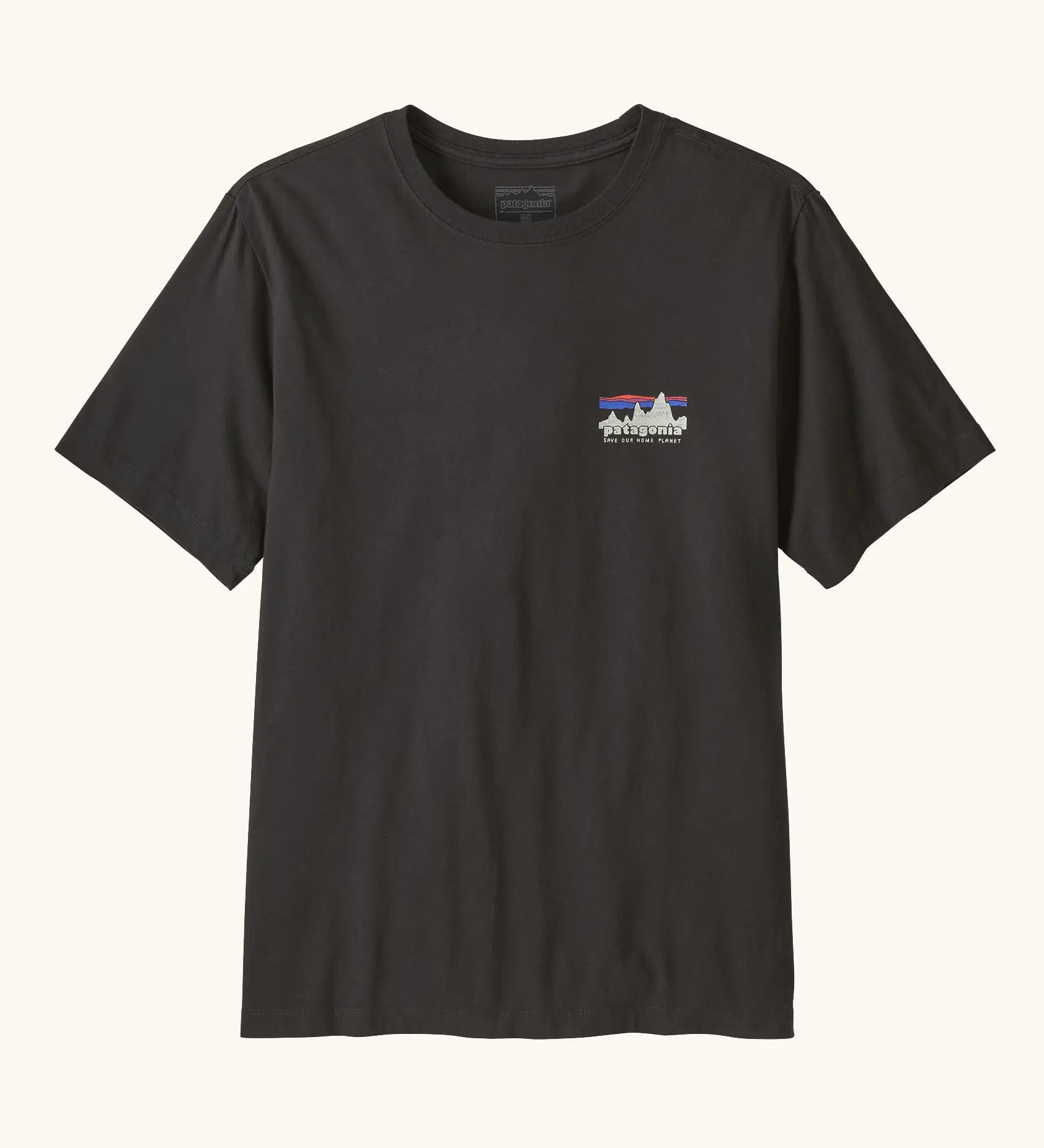 Patagonia men's 100% organic cotton 73 skyline t-shirt in black with a small mountain range logo on the chest