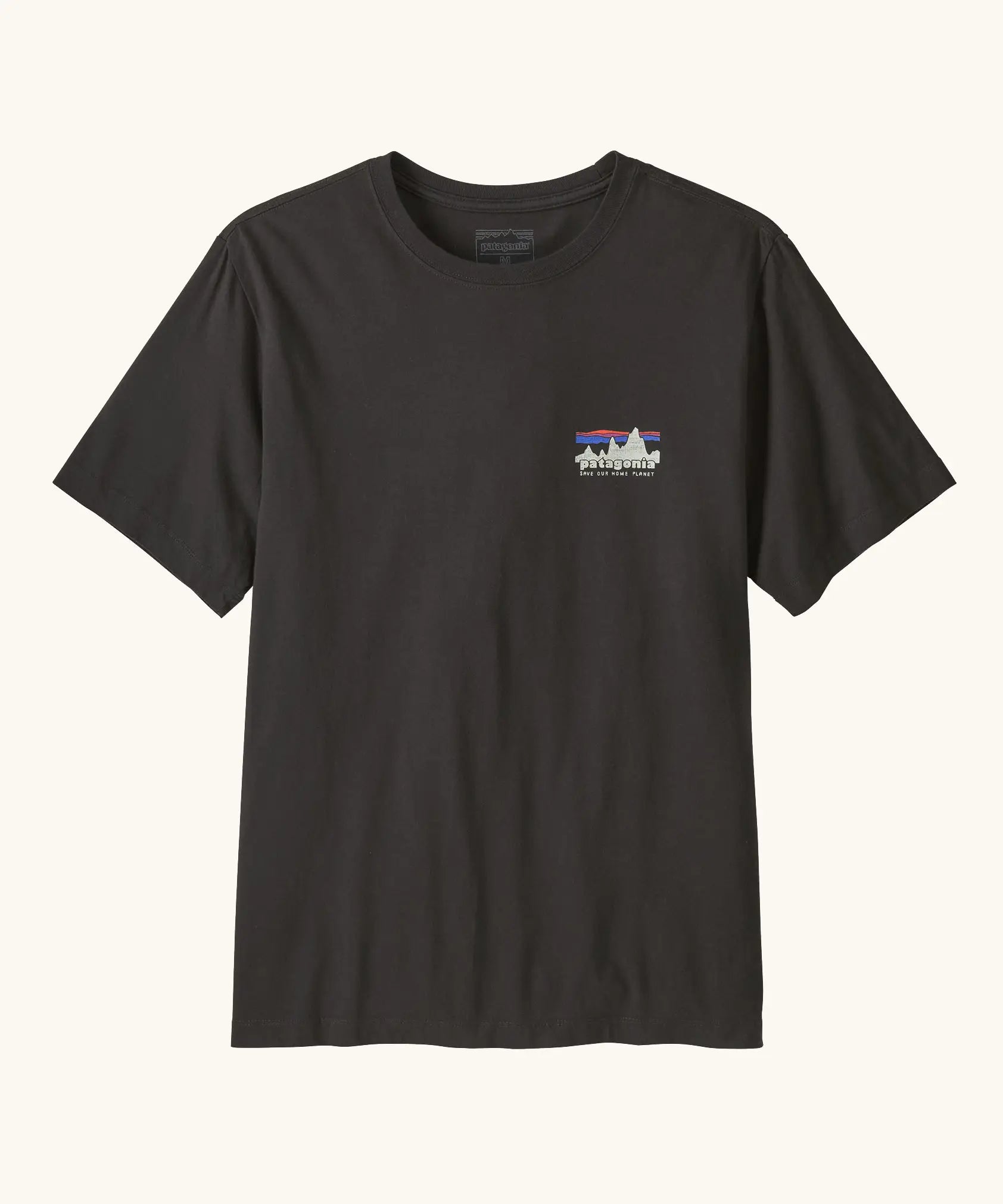 Patagonia men's 100% organic cotton 73 skyline t-shirt in black with a small mountain range logo on the chest