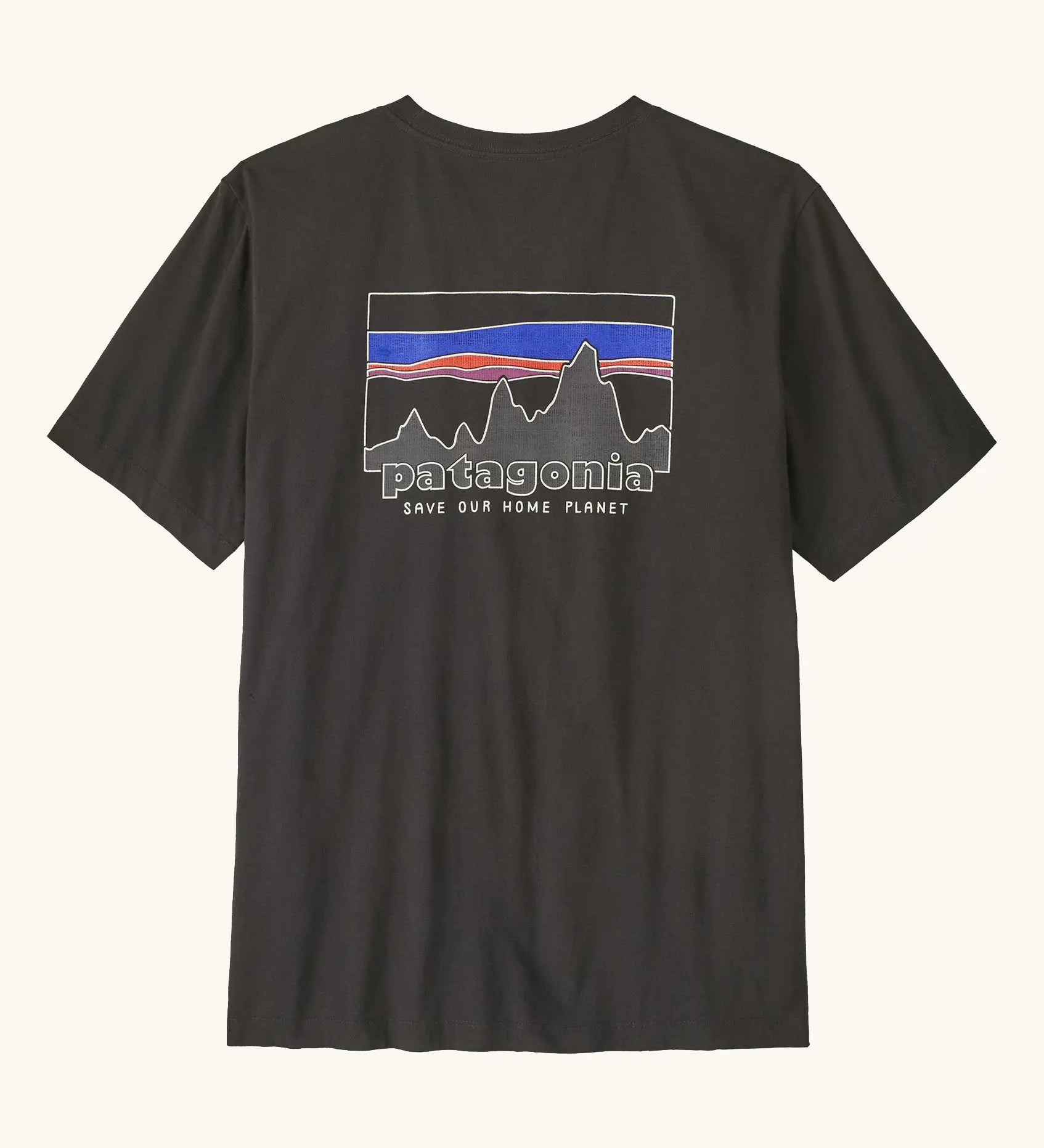 Patagonia men's 100% organic cotton 73 skyline t-shirt in black with a mountain range logo on the upper back