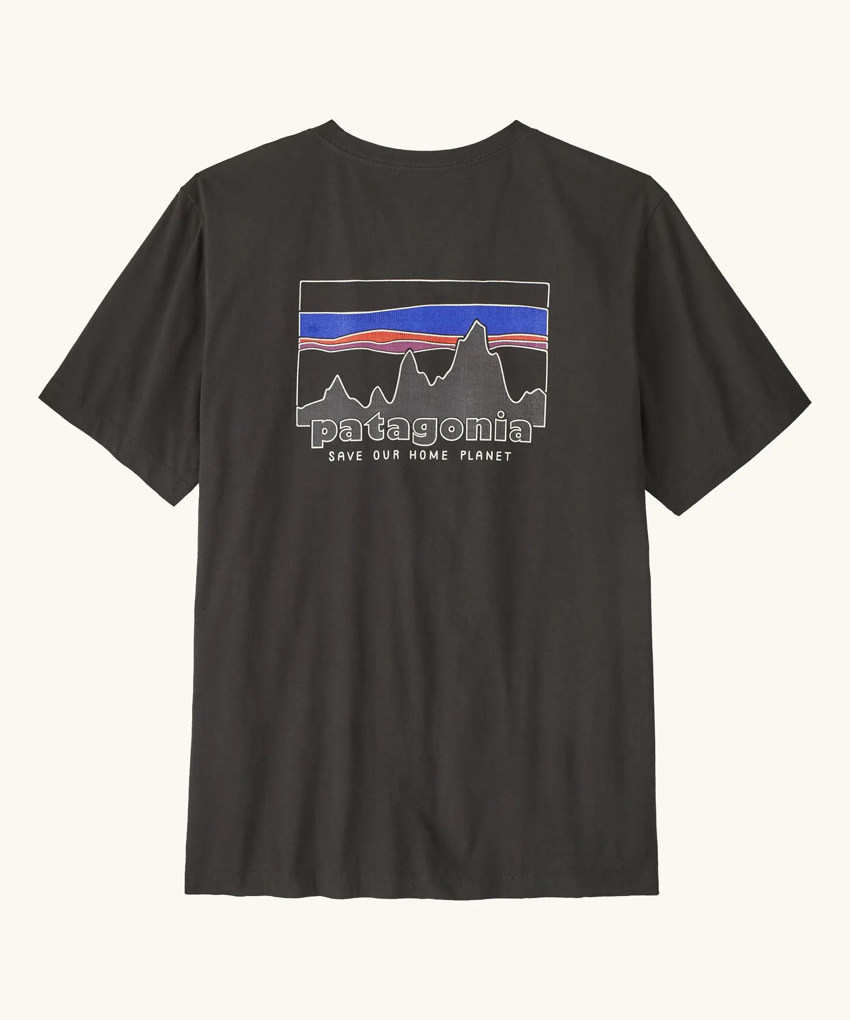 Patagonia men's 100% organic cotton 73 skyline t-shirt in black with a mountain range logo on the upper back