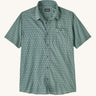 Patagonia men's buttoned short sleeve shirt in sage blue with repeating mini sun pattern design and chest pocket