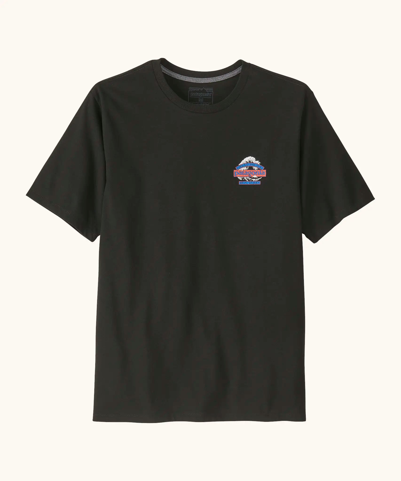 Patagonia men's great waves responsibili short sleeve shirt in black with a small wave logo on the chest
